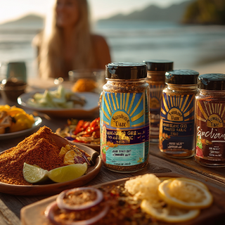 spices mockup on table on beach