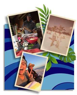 About Us - old photographs with blue wave and tropical leaves border