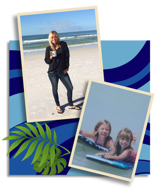 Two photos of a woman on a beach and with children on boogie boards, set against a blue and green decorative background.